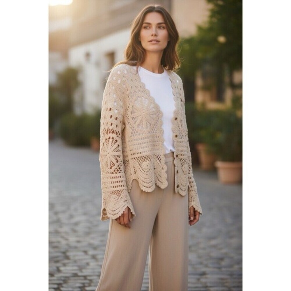 Solitaire Crochet Open Knit Cardigan Womens Small Scalloped Hem Bell Sleeve Boho
